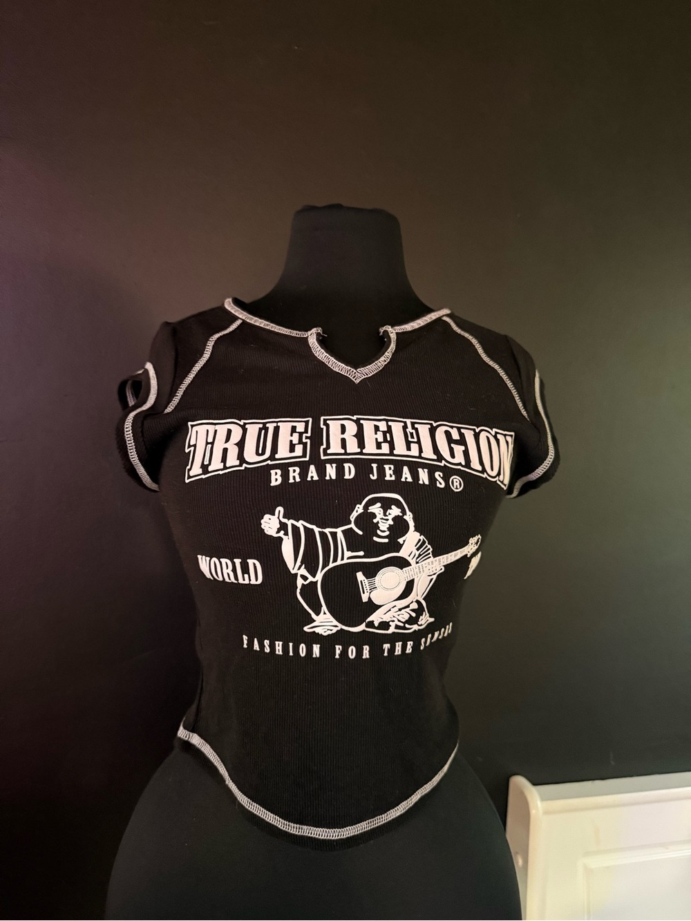 True Religion Black Graphic Logo Crop Top with Contrast Stitching